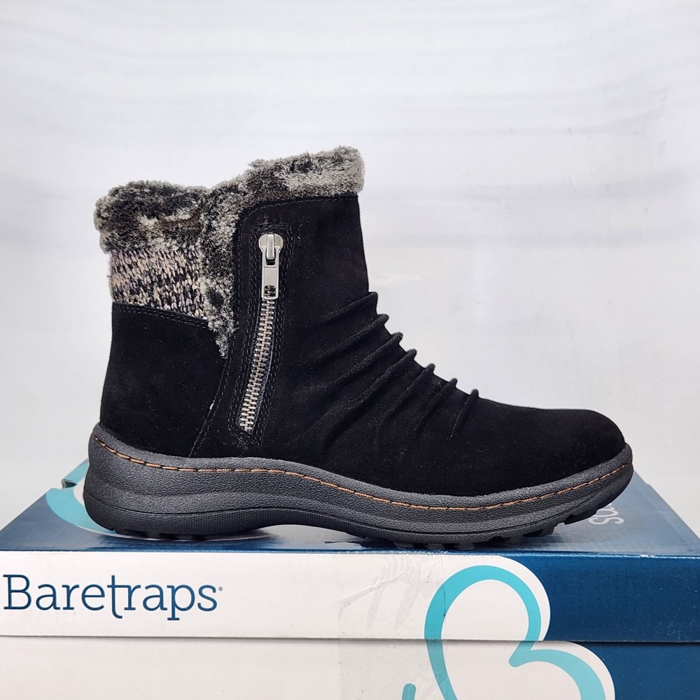 Baretraps Acelyn Booties Women Size 7 Black Faux Fur Trim Suede Ankle Boots